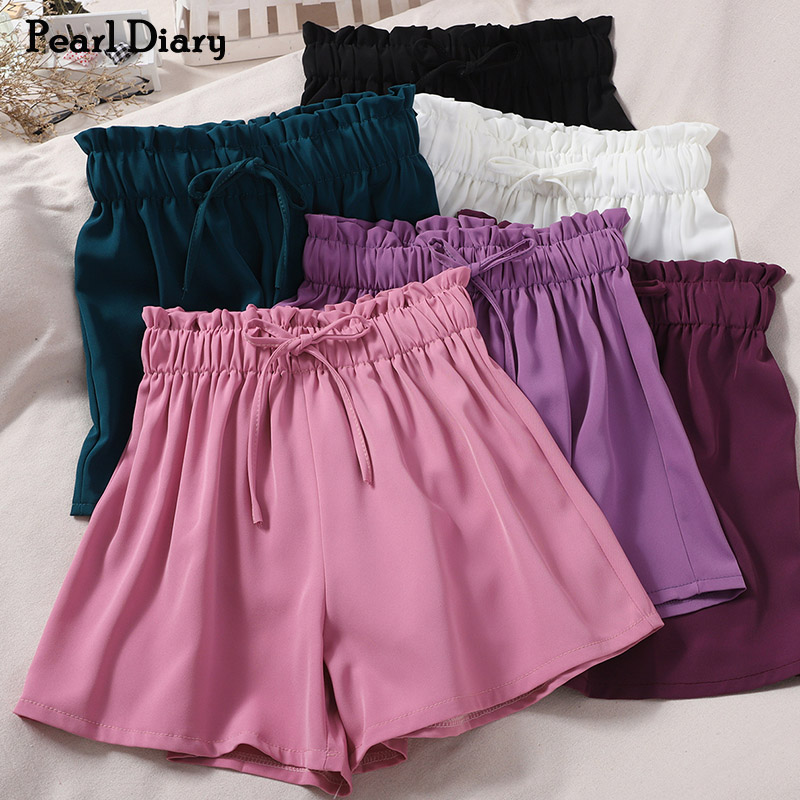 

Pearl Diary Woven Short Pants Solid Color Elastic Tie Bow Waistband Drawstring Casual Culottes Femme Wide Leg Summer Sweet Pant, Black