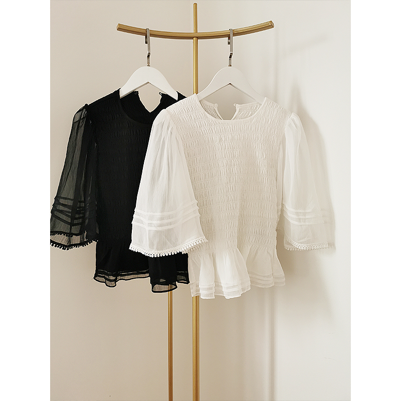 

2020 Summer /Autumn New Shirts Fashionable Casual Ruffled Ruffled Wide-sleeved Solid Color Shirt Top, Black