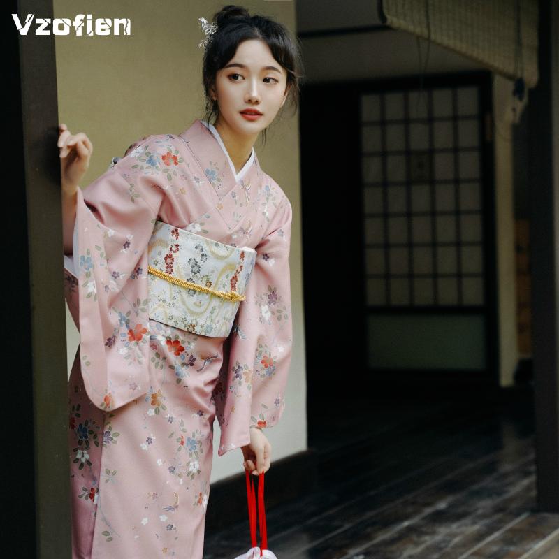 

Vintage Pink Japanese Traditional Yukata Kimono with Obi Female National Style Geisha Kimono Costume for Stage Show Cosplay