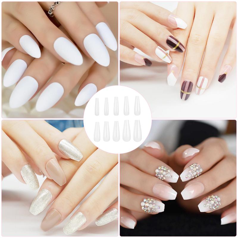 

500PCS Long Coffin Fake Nails Full Cover Natural Ballerina False Nail ABS Nail Tips 10 Sizes, White