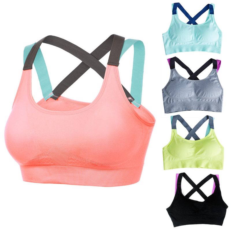 

Women Push Up Sports Bra Seamless Wire-Free Removable Pad Workout Bralette X-Back Contrast Color Cross Strappy Yoga Vest, Black