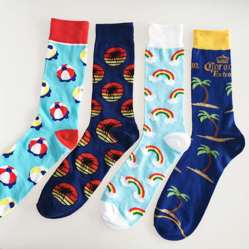 

4 pair New Vacation style women Cartoon Coconut tree ball rainbow pattern Couple cute sporting Cotton socks man Sweat Crew socks, 4 pairs