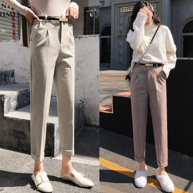 

Woolen Harem Pants Women 2020 Autumn Winter High Waist Formal Female Trousers Ankle-length Casual Woman Warm Pencil Pants, Khaki