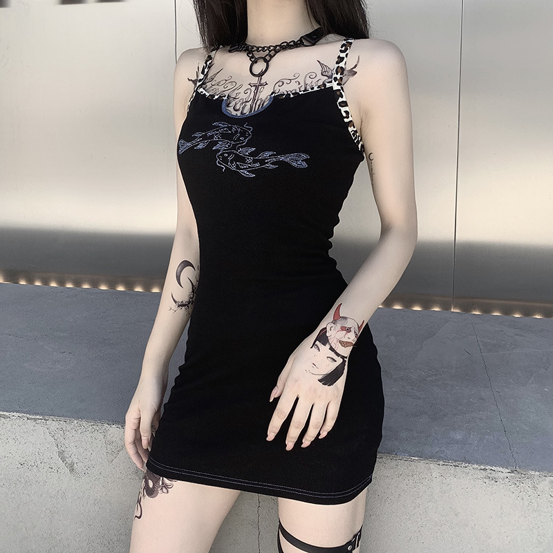 

New Fashion Dress Women Fish Printed Leopard Patchwork Strapless Dress Gothic Punk Dark Sexy Streetwear Night Club, Black