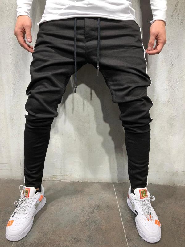 

Casual Sports Pants Men Side Seam Patchwork Jeans Pant Denim Fabric Solid Color Trousers New Black Blue, Blue 1403a-k138-p35