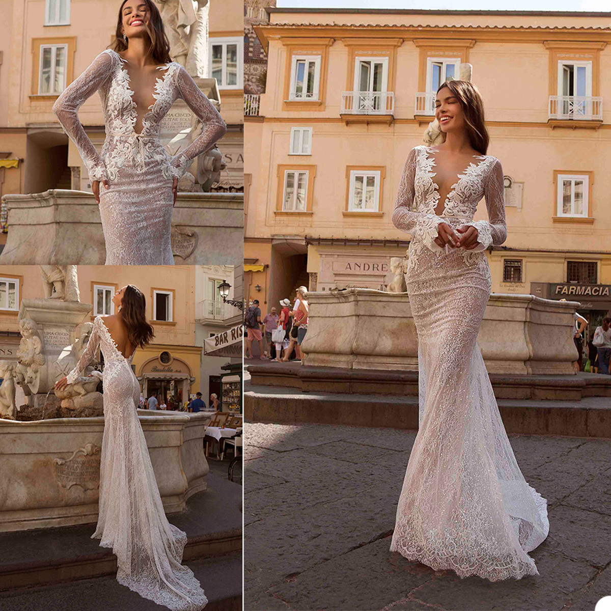 

Berta 2021 Wedding Dresses V Neck Long Sleeves Lace Appliques Mermaid Bridal Gowns Backless Sweep Train Wedding Dress Robe De Mariee, Ivory