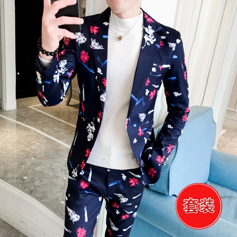 

Autumn 2020 Men's Printed Suit Youth Handsome Slim Casual Flower Suit, Black