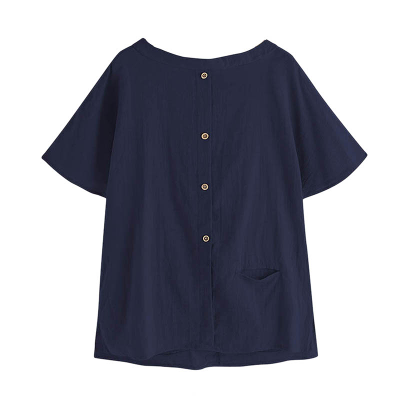 

Vintage Women Cotton Linen Blouse Summer Short Sleeve Buttons Casual Shirts Pockets Patchwork Loose Shirts Plus Size Top Dark Bl, Dark blue