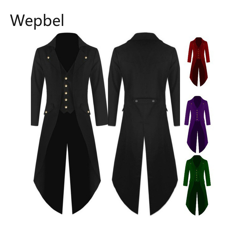 

Wepbel Retro Tuxedo Uniform Men Blazers Solid Color Plus Size Fashion Steampunk Party Medieval Slim Fit Men' Suit, Black