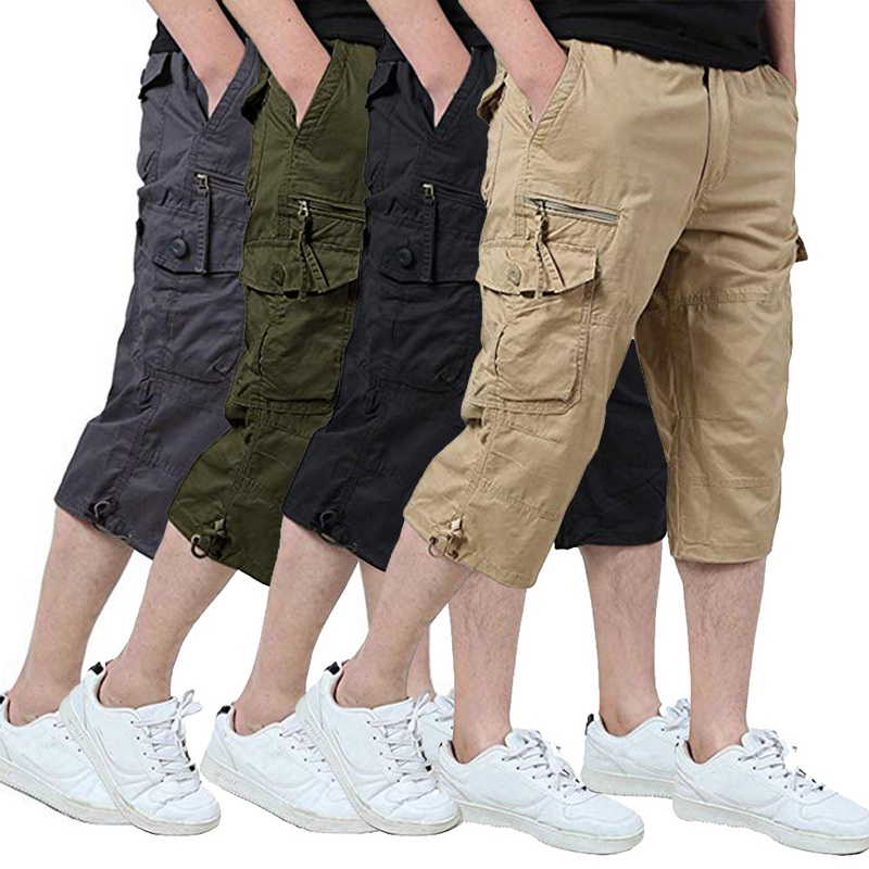 

Men Cargo Short Pants VogueCalf Length Short Trousers Vintage Pockets Pantalones Hombre Summer Tactical Pants, Khaki
