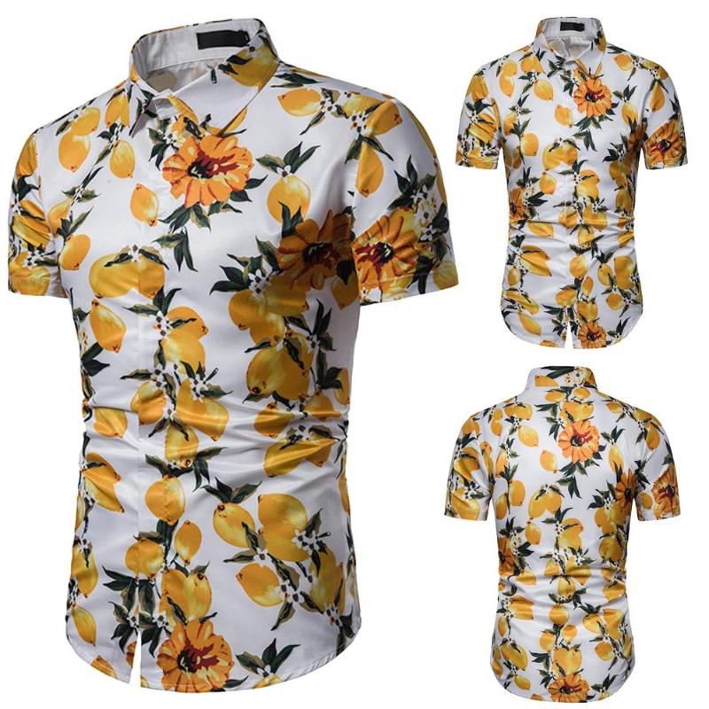 

ZACOO Men Hawaii Shirt Summer Lapel Short Sleeve Fruit Tree Printing Male Casual Beach Shirt, Yellow