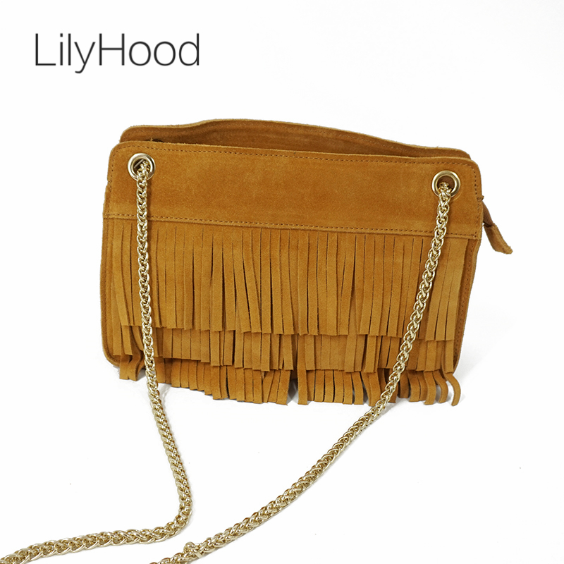 

LilyHood 2020 Women Fashion Genuine Leather Shoulder Bag Lady Fringed Tassel Suede Feminine Nubuck Chain Green Crossbody Bag, Brown