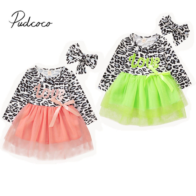 

Spring Autumn Infant Kids Baby Girls Casual Long Sleeve Leopard Love Print Round Collar Mesh Dresses + Headband Set 1-6Years, Green