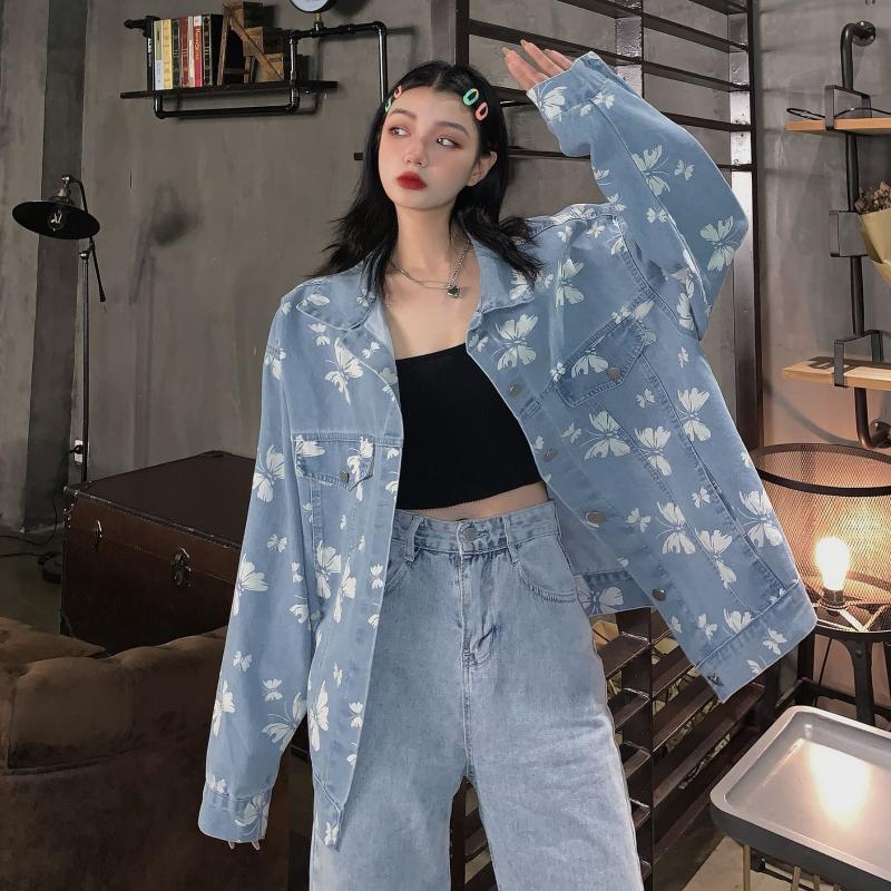 

Vintage Butterfly Demin Coat Autumn Korean Causal Jeans Jacket Long Sleeve Turn Down Collar Cowboy Cardigan Cotton Polyester, Blue