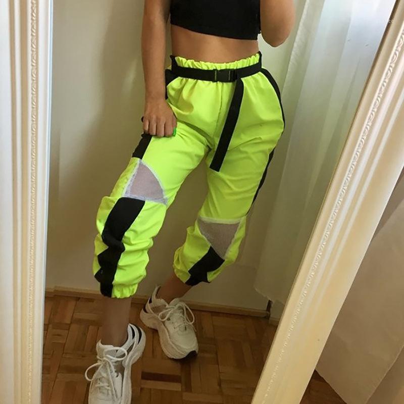 

Mesh Patchwork Neon Green High Waist Harem Pants Women Streetwear Clothes Joggers Sweat Trousers Pants1