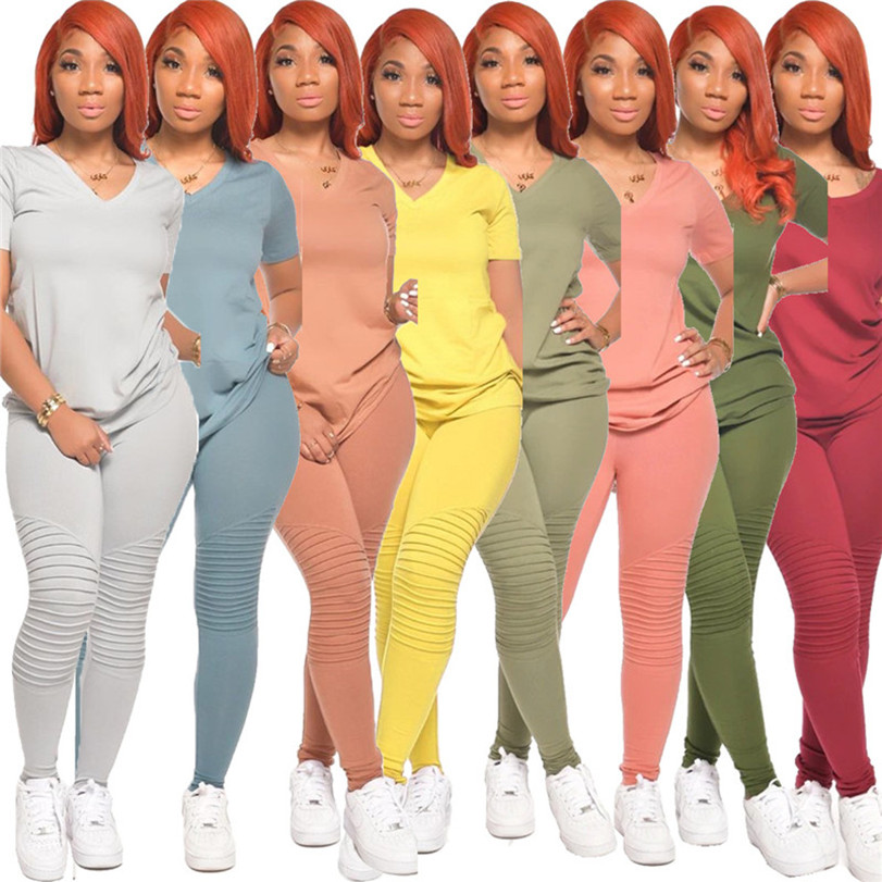

Women plain tracksuits t-shirt pants 2 piece sets solid color fold V-neck 2XL summer fall casual clothing pullover tracksuit capris 3543, Gray