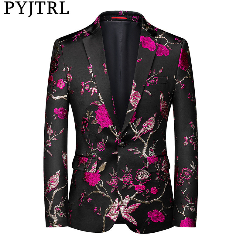 

PYJTRL Mens Luxurious Jacquard Floral Suit Jacket Wedding Banquet Night Club Party Prom Dress Tuxedo Singers Slim Fit Blazers, Blue
