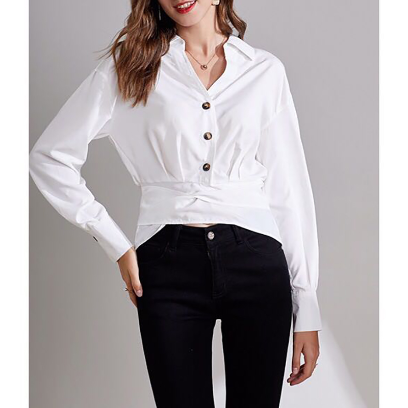 

French Fashion Womens White Blouse Office Wear Lace-up Waist Slim Single-breasted Female Shirt And Top