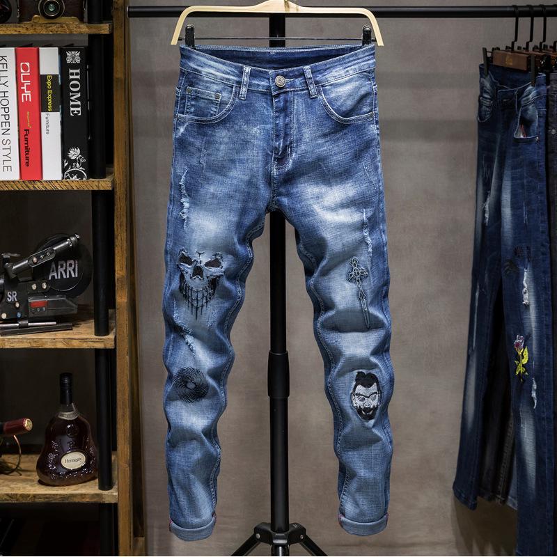 

Men's Jeans Biker Moto Jeans Slim Fit Straight Denim Pants Distressed Trousers Ripped Skinny, Blue