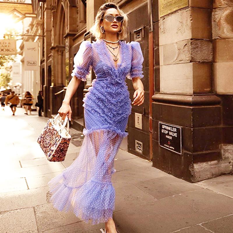 

Women' Polka Dot Lace Long Dress Sexy Short sleeve Ruffled Slim Casual Party Holiday Dress Female 2020 New Street Clothing Tide, Black