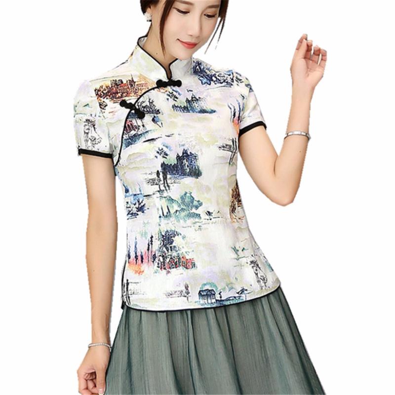 

Shanghai Story Mandarin Collar Woman' Qipao Shirt chinese top Short Sleeve cheongsam top traditional Chinese Linen blouse, 117 red