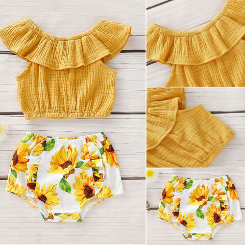 

Pudcoco Newborn Baby Girl Cold Shoulder Top Tee+PP Pants Shorts Outfits Clothes Set, As pic