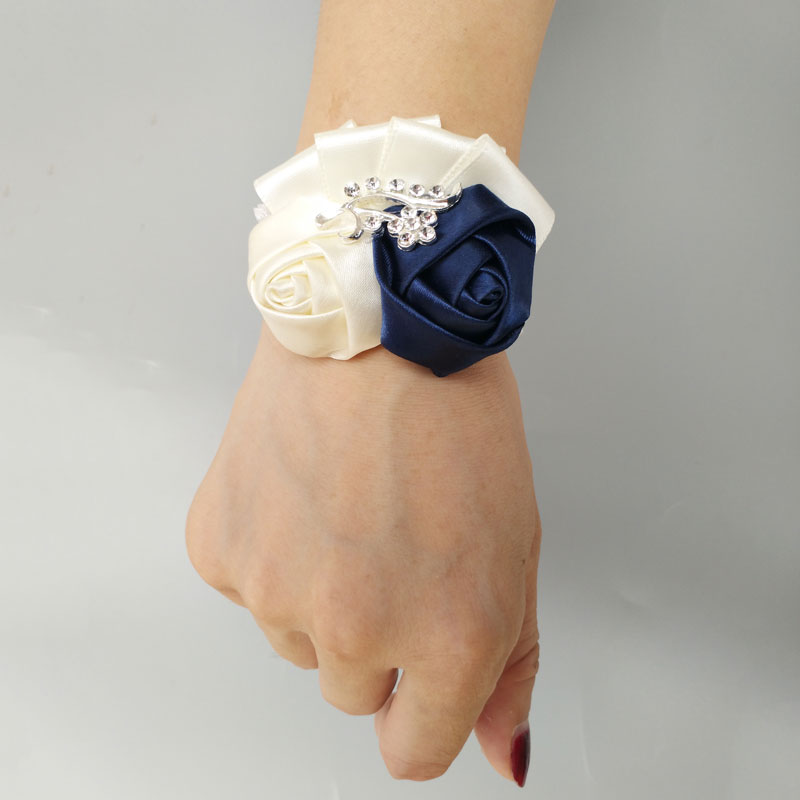 

Ribbon Rose Wedding Prom Corsage Bride Wrist Corsage Bridesmaid Hand Wrist Flower Bracelet Wedding Accessories SW1317-A, Ivory dark blue