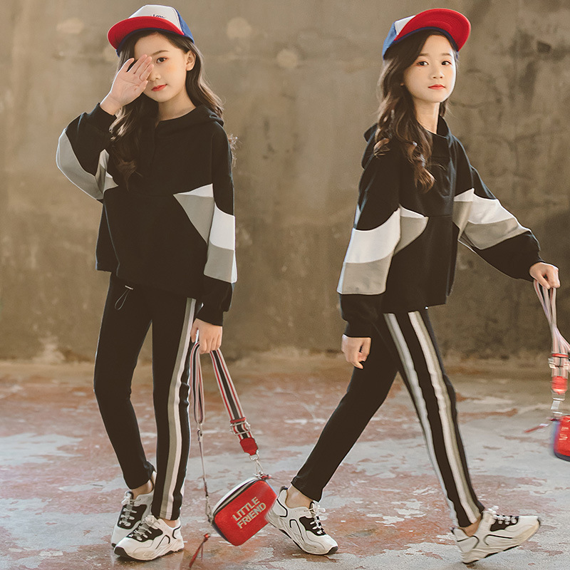 

Fashion Girls Clothing Set Hooded Sport Set for Teenagers Striped Black Tracksuit Children Clothes 2020 Korean Kids Clothes