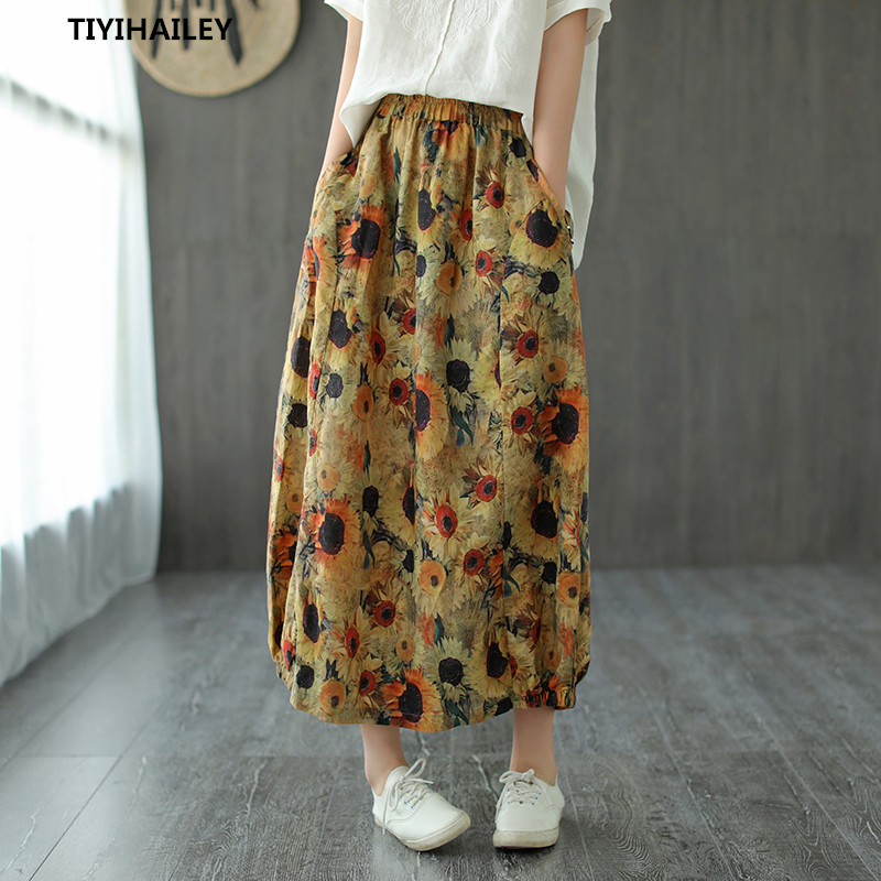 

TIYIHAILEY Free Shipping Long Maxi A-line Skirts For Women Elastic Waist Autumn And Spring Summer Linen Flower Print Skirts, As photos