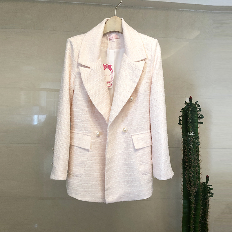 

Autumn High Quality Women Tweed Jacket Casaco Feminino Fashion White Pearl Button Long Sleeve Double-breaste Coat Casual Outwear, Pink