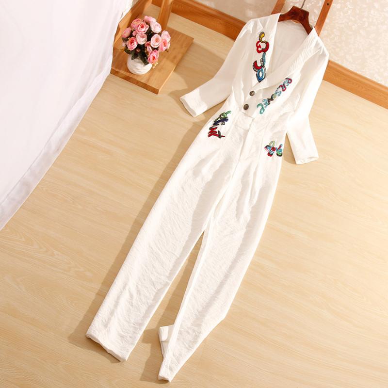 

New autumn Women jumpsuits Chinese style fashion embroidery Sequined elegant slim lady white/black Rompers -XL