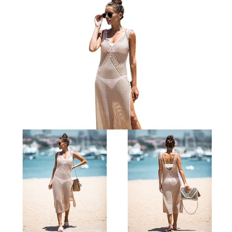 

Sexy Beach Dress Women Swimsuit Bikini Cover-up Beach Bathing Suit Wear Knitting Swimwear Mesh Hollow Out Tunic, As pic
