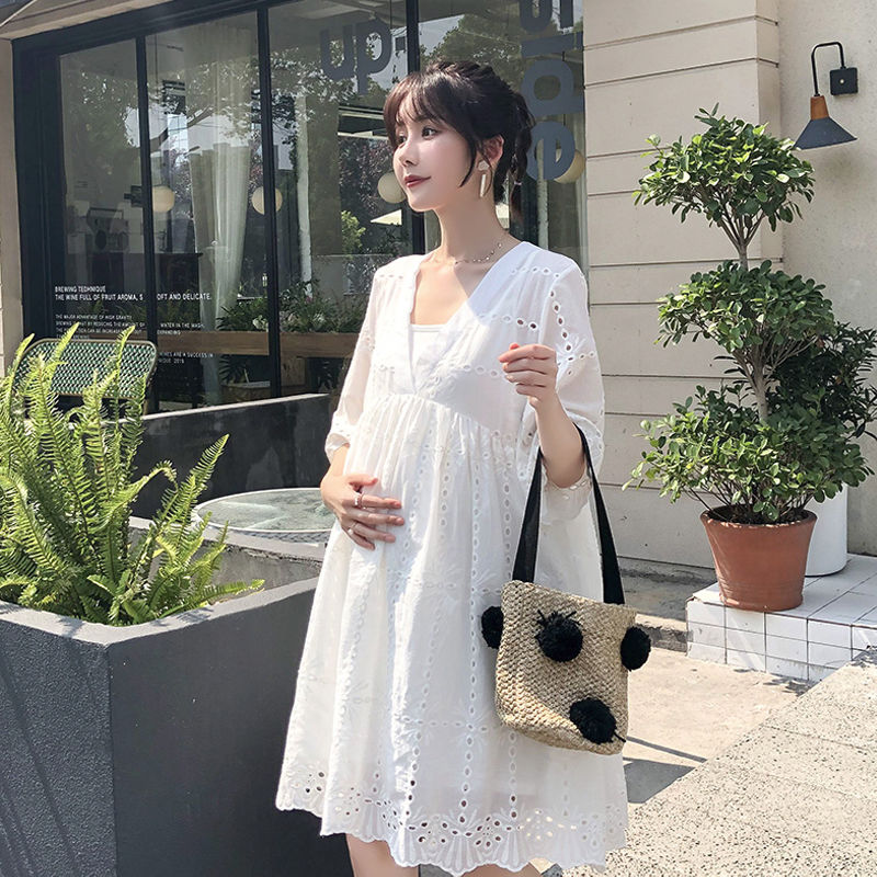 

High Quality Cotton Summer Dress for Pregnant Women Maternity Elegant Dresses Pregnancy Women A Word Maxi Dress for Photo Shoot, White