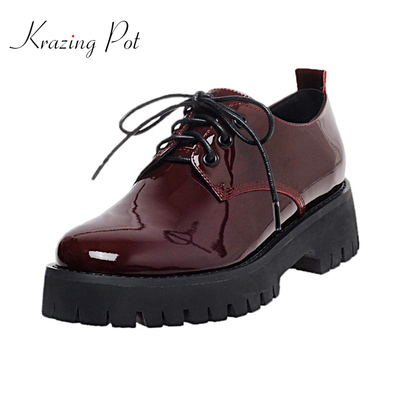

Krazing pot european style real leather mixed colors platform round toe med square heel lace up young girl noble women pumps L03, Black