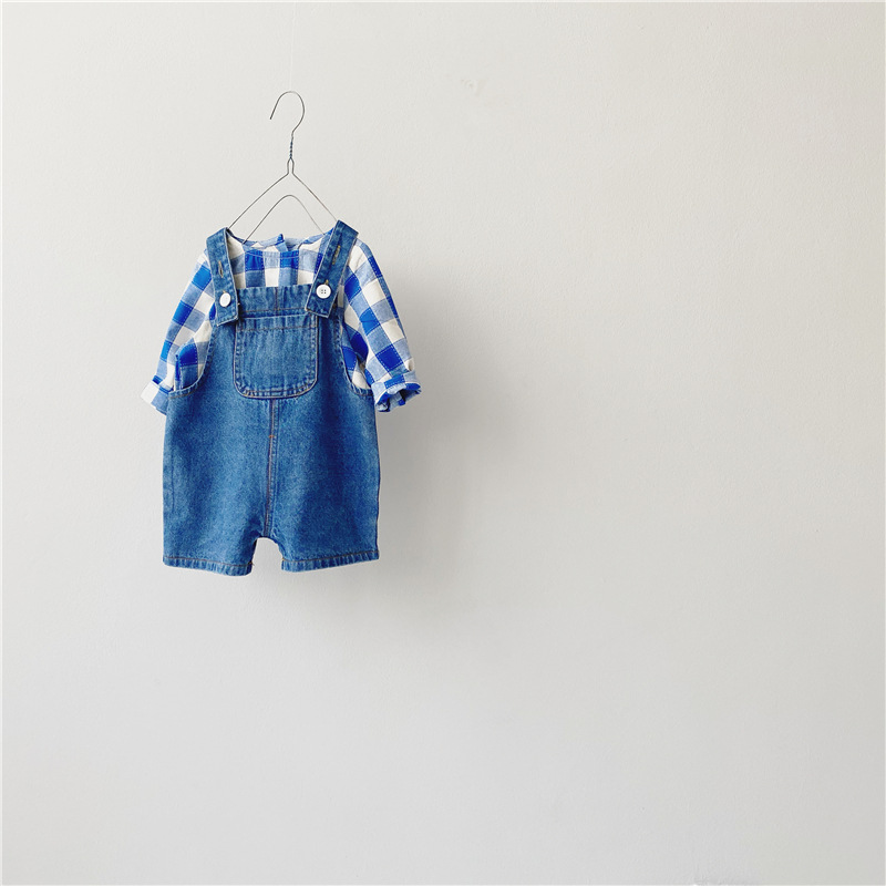 

5096 Hot Sale Baby 2 Piece Clothes Baby Plaid Long Sleeve Shirt + Denim Suspender Pant Boy Casual Clothes Girl Clothing Set, Blue