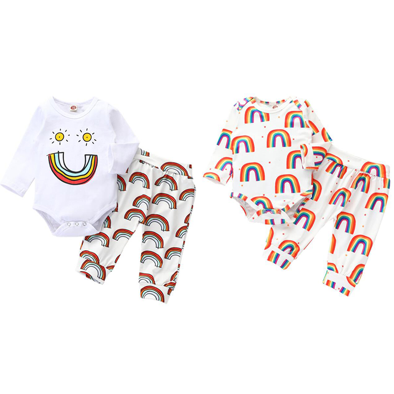 

Autumn Spring Baby Clothing 0-24M Cute Newborn Infant Baby Girl Rainbow Clothes Sets Long Sleeve Print Romper Long Pants Outfit