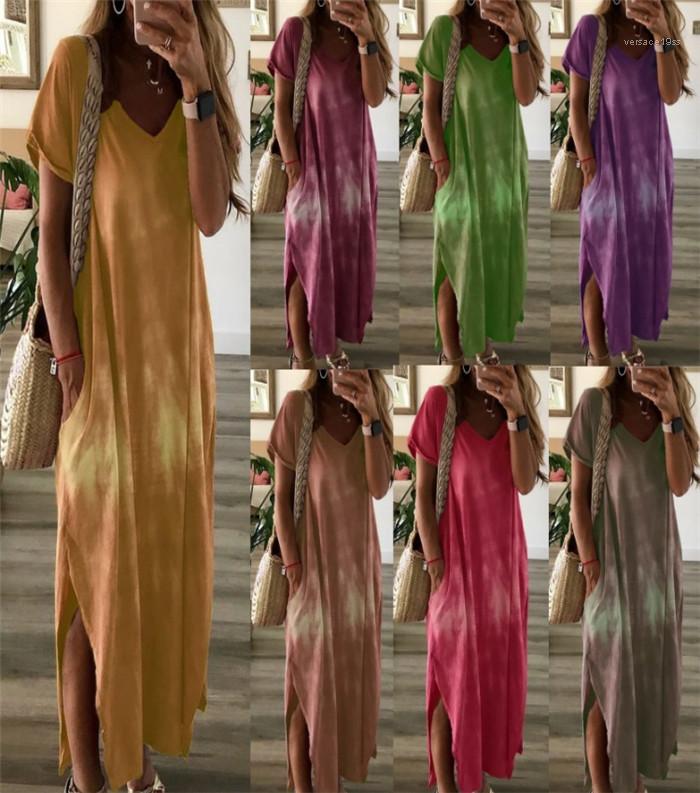 

Gradient Casual Dresses Famale Designer Clothes Women Pocket Loose Dress V Neck Short Sleeve Summer