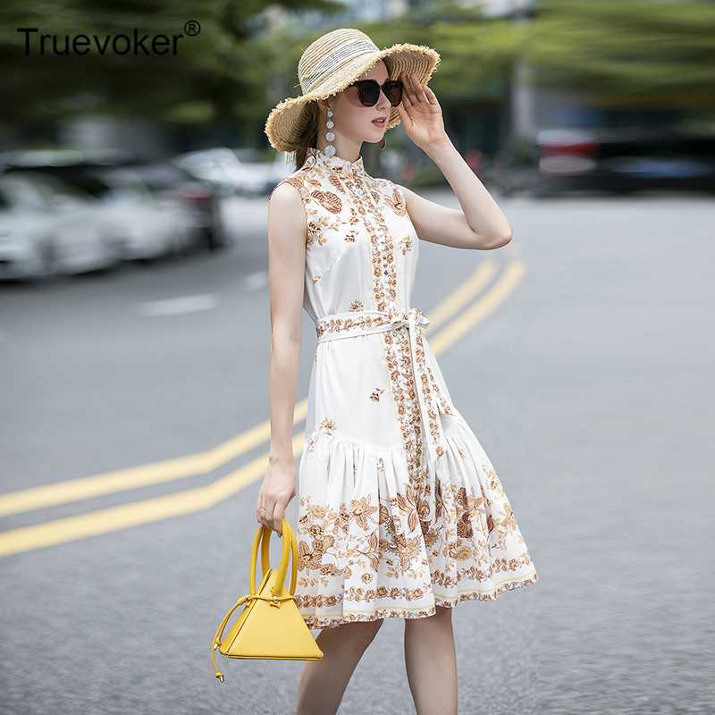 

Truevoker Ladies Summer Runway Fashion Vestidos Women' Sleeveless Elegant Flower Print Tied Waist New Ladies Dresses, White
