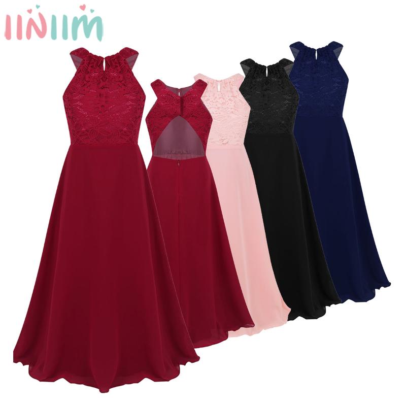 

iiniim Kids Girls Vestido de festa Chiffon Dress Floral Lace Cutout Back Flower Girl Dress Princess Elegant Summer Party, Burgundy