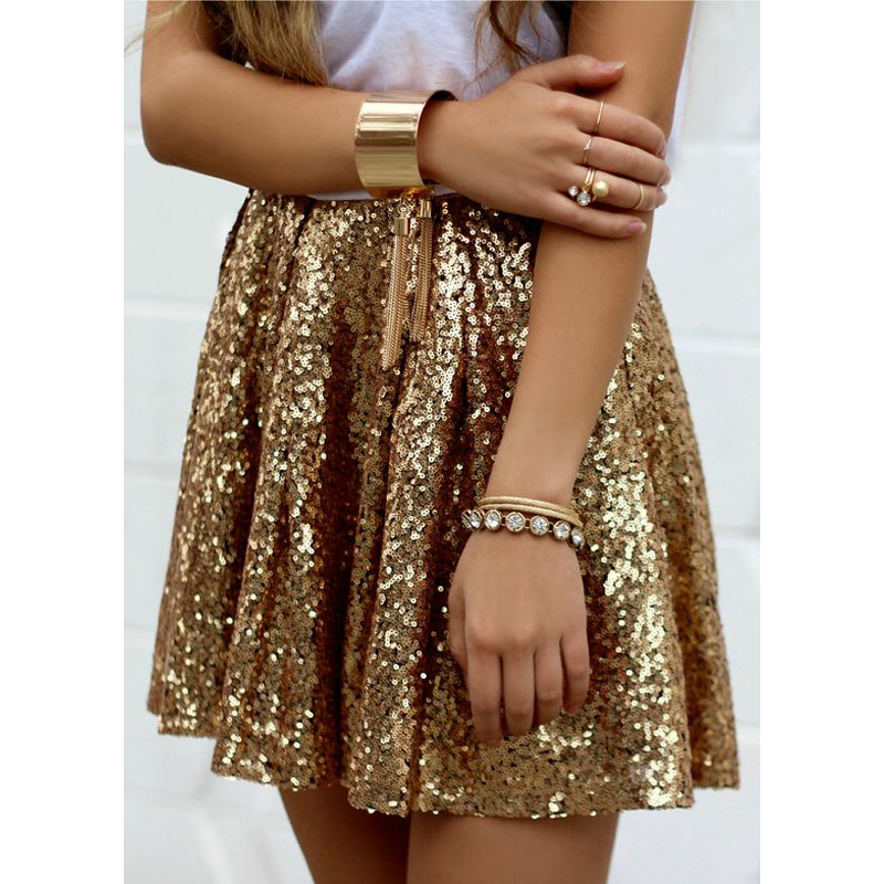 

Women Bottoms Gold A-line Sequin Skirt Bling Short Party Pleated Skirt Summer Ladies High Waist Night Out Club Mini, As pic