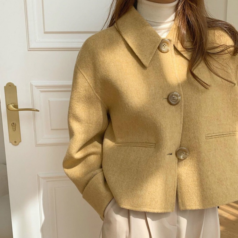 

women autumn winter yellow short woolen coat sharp collar single breasted pocket wool jacket long sleeve straight outwear