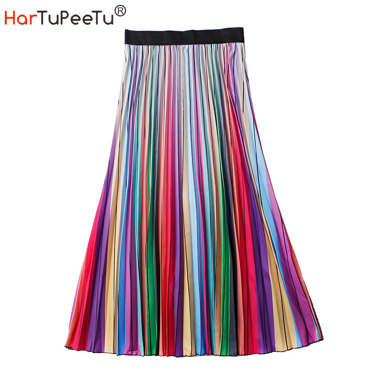 

Rainbow Pleated Skirt Women Elastic High Waist 2020 Summer Chiffon Skirts Korean Style Plus Size Colour Blocks Tylish Streetwear, As photo