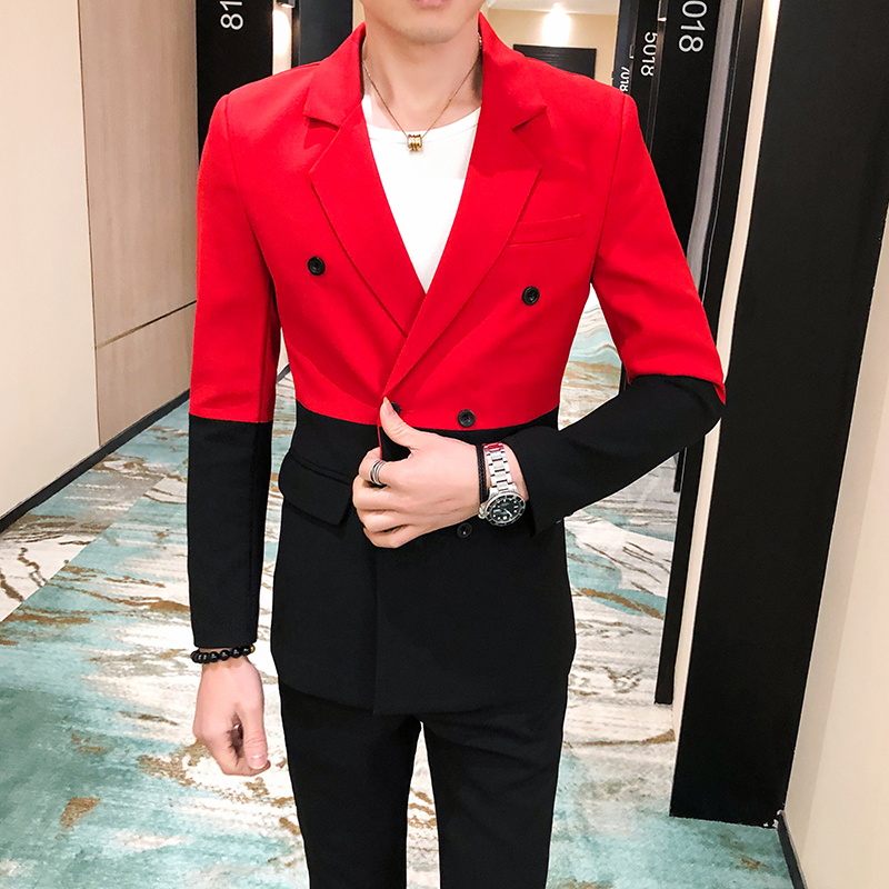 

2020 The evening party will perform the nightclub stage dress spring black and red patchwork slim suit men' coat, 12