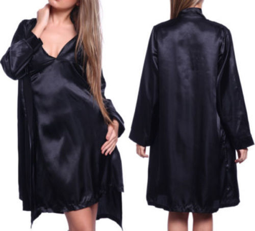 

G-string Ladies Long Black Gowns 3pcs Sexy Lingerie Robe Women Silk Satin Sleepwear Bathrobe Nightwear Nightdress, As pic