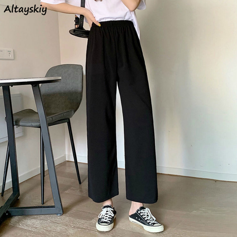 

Wide Leg Pants Women Korean Style Black Loose Casual Elastic High Waist Oversize Lady Ankle-length Capris Chic New Spring Trendy
