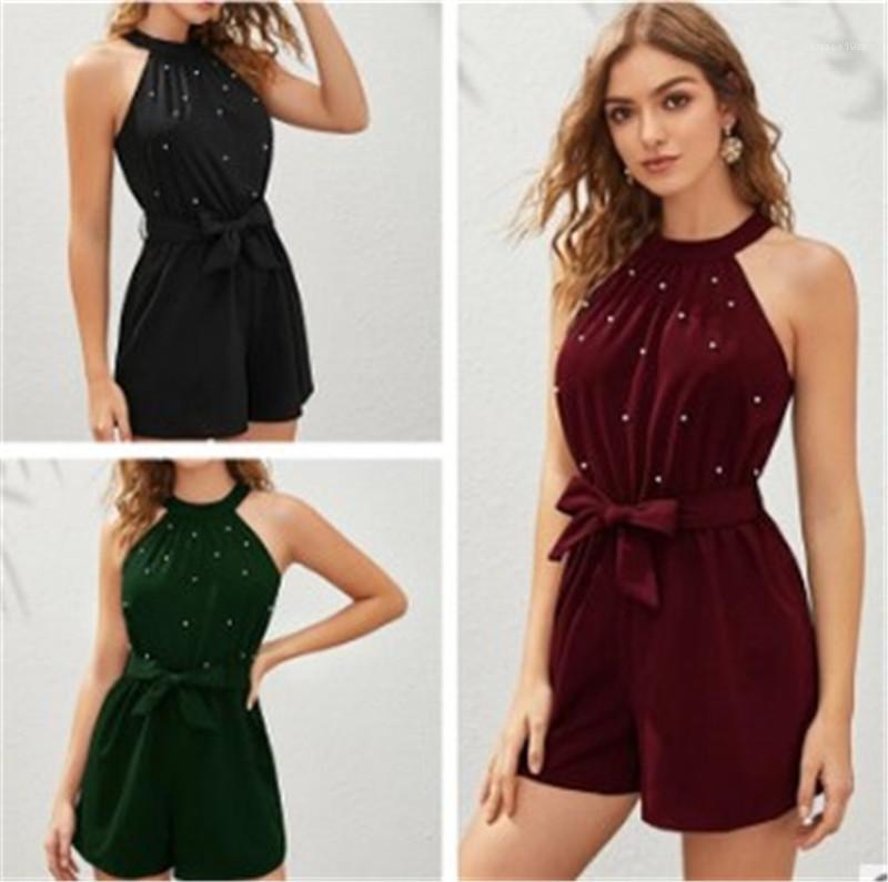 

Solid Color Casual Clothing Womens Designer Halter Shorts Jumpsuit Bandage Bow Sleeveless Bead Jumpsuits Women Summer Sexy, Black