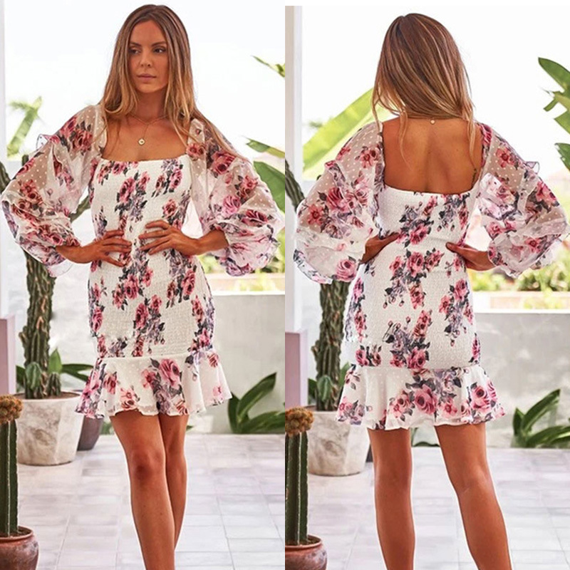 

Floral Square Neck Wrap Dress Long Sleeve Ruffles Vestidos Boho Hippie Chic Elegant Bodycon Sexy Women' Dresses, White