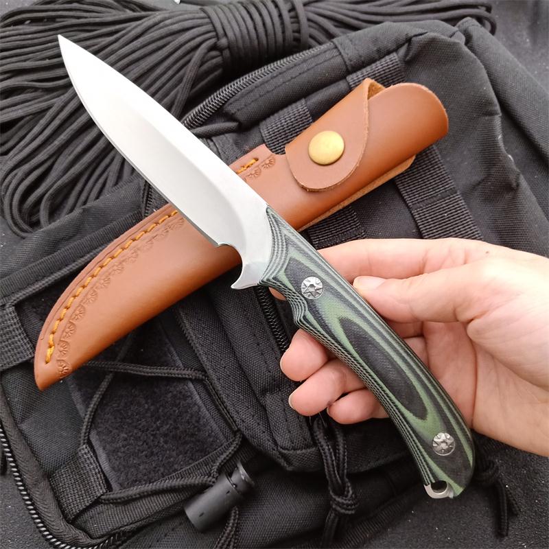 

Factory Price Outdoor Survival Straight Hunting Knife 440C Drop Point Satin Blade Full Tang G10 Handle Knives With Leather Sheath