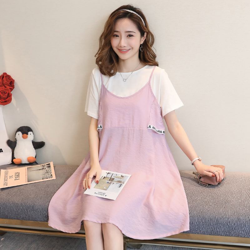 

9905# Maternity Clothes Summer Cotton Patchwork fashion Korea Short Sleeve Loose Stylish Dress for Pregnant Women Mom Dress, Pink