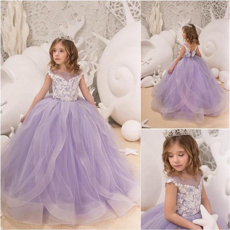 

Applique Kids Formal Wear Flower Girls Dresses Birthday Christmas Girl Wedding Party Events Baby Children Party Dress Bateau, Purple